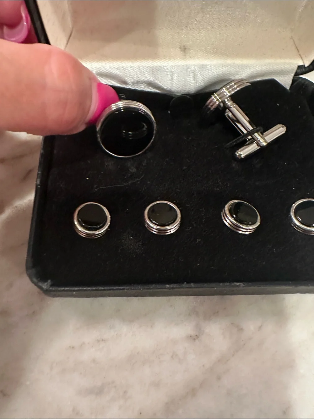 J.J Weston Men’s Silver and Black Cufflinks & Stud Set in Box